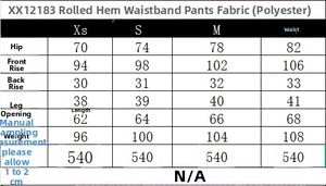 Detailed size chart for rolled hem belted pants with measurements in centimeters