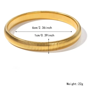 Chunky gold textured stretch bangle bracelet with vertical stripe pattern and dimensions