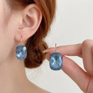 Blue Cushion Cut Crystal Leverback Earrings With Silver Earring Post Gold Plated Faceted Gemstone Elegant Commute Jewelry For Women