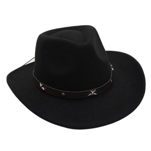 Detail of black felt cowboy hat featuring brown faux leather band with silver star studs