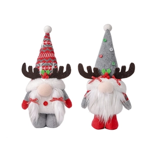 Set of two Christmas gnomes with reindeer antlers and plush beards for holiday decor