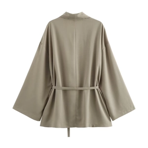 Women's khaki kimono jacket and straight pants set with wide sleeves and waist tie design