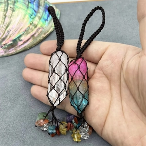 Handmade woven net pendant with clear and rainbow crystal columns for car or wall decor