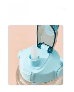 Detail of 2L water bottle lid featuring one-click flip top and secure locking buckle