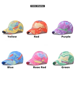 Color display of geometric graffiti cotton baseball caps in six vibrant gradient styles