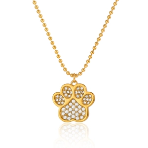 Detail of 18K gold-plated cat paw pendant with sparkling rhinestones on ball chain