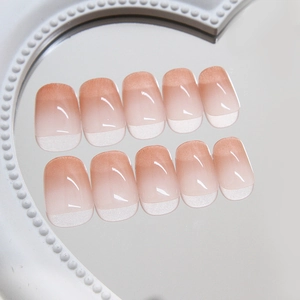 Short square gradient press-on nails with nude to milky white french ombré finish