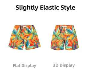 Flache Ansicht und 3D-Darstellung der Jungen-Strandshorts mit leicht elastischem Stoff