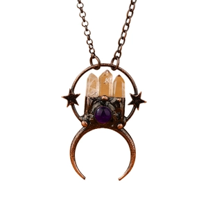 Vintage bronze crescent moon necklace with amethyst and quartz hexagonal crystals