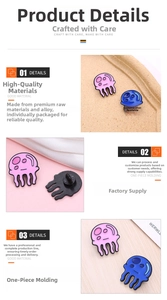 Detail of colorful jellyfish alloy enamel pins with secure black rubber backings
