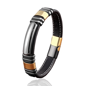 Men's handmade leather cord bracelet with stainless steel magnetic clasp and wood inlay
