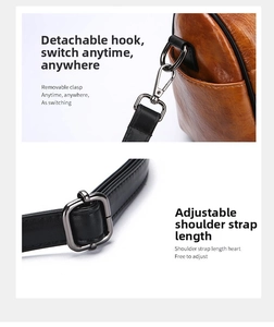 Detail of silver hardware hooks and adjustable black leather strap on brown vintage bag