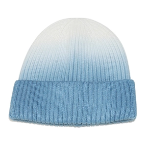 Detailed close-up of gradient tie-dye knit beanie showing ribbed texture and wide cuff