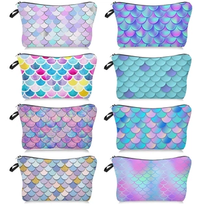 Mermaid Fish Scale Print Makeup Bag Polyester Sponge Lining Zippered Portable Cosmetic Pouch Travel Toiletry Organizer