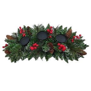 Christmas 3-cup candle holder centerpiece with pine needles, red berries, and pinecones