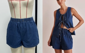 Detail of high waisted elastic shorts and lace-up top in dark blue denim fabric