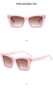 Vista frontal y lateral de gafas de sol cat eye con montura rosa y lentes degradadas