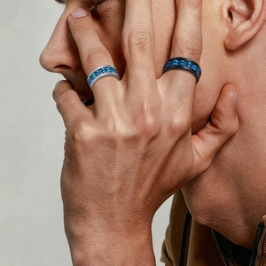 Men's titanium steel gear fidget rings with blue rotating chain in silver and black finish