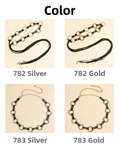 Detail of geometric metal body chains in gold and silver finish with PU leather accents