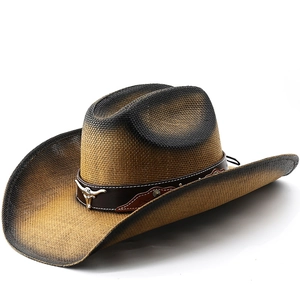 Western style straw cowboy hat with longhorn bull emblem and gradient finish on white background