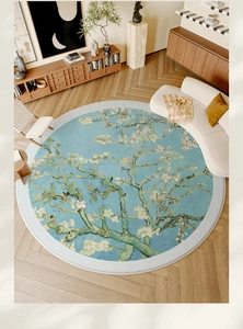 Detailed texture of round rug with Van Gogh Almond Blossoms oil painting pattern