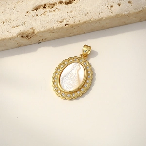 Gold-plated Virgin Mary shell pendant necklace with white mother-of-pearl and crystal border