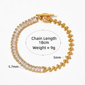Gold stainless steel bracelet with zircon chain and OT toggle clasp, 18cm long jewelry