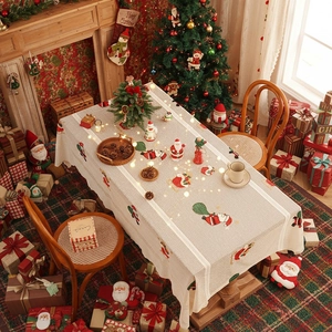 Beige Christmas tablecloth with Santa Claus embroidery and elegant lace edges