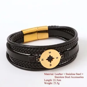 Braided leather bracelet with gold compass magnetic clasp for men 21.5cm length