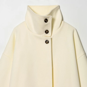 Elegant off-white stand collar wool coat with dark amber buttons for women