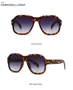 Front and 45-degree side views of tortoise shell sunglasses with gray gradient lenses