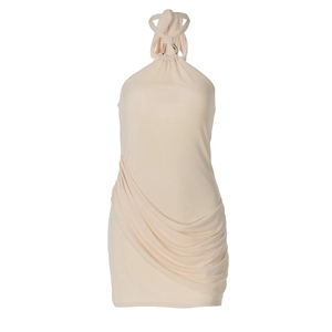 Detailed view of beige halter neck dress featuring elegant draped pleats and soft fabric