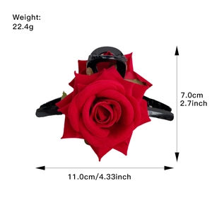 Elegant red fabric rose hair claw clip for women with detailed size and weight measurements