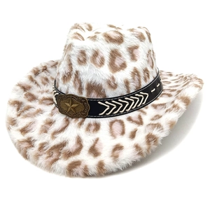 Leopard print plush cowboy hat with black leather band and metal star accent