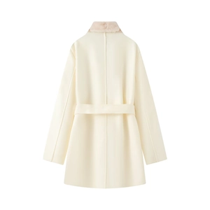 Back view of elegant cream wool coat featuring a faux fur collar and matching waist belt