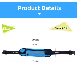 Detailed size chart for blue running waist pack with 95g weight and 700mm total length