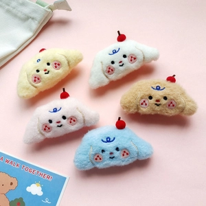 Cute plush puppy hair clips set in white pink and blue with 3D red pompom details