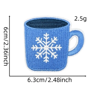 Detailed dimensions of blue cup snowflake embroidered patch with height and width labels