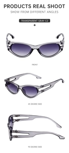 Three-view display of transparent gray oval sunglasses with hollowed temples and purple lenses