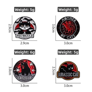 Detailed grid view showing dimensions and weights of cartoon cat enamel pin badges