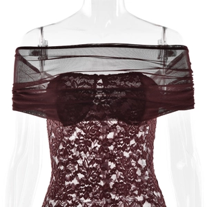 Detailed macro shot of the burgundy lace bodysuit with elegant tulle shoulder accents