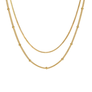 Minimalist double-layer gold stainless steel snake chain necklace with beads decoration