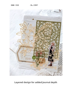 Detailed macro shot of vintage lace paper scraps and butterfly stickers for journaling