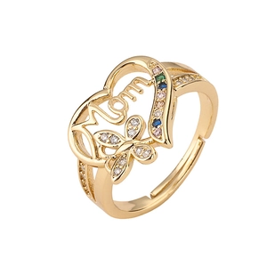 Adjustable gold heart MOM ring with colorful zircon butterfly design for women