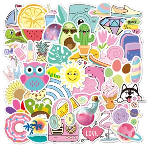 Flat lay of colorful waterproof cartoon stickers featuring animals and food patterns