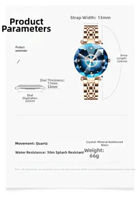 Detail showing 32mm blue diamond cut glass dial and rose gold mesh strap dimensions