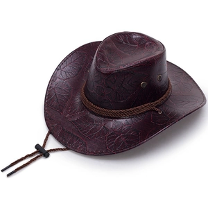 Detail of western cowboy hat with deep red leaf embossing and brown braided chin strap