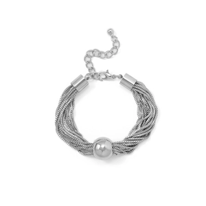 Detail of layered silver metal multi-strand chain bracelet with smooth spherical bead accent