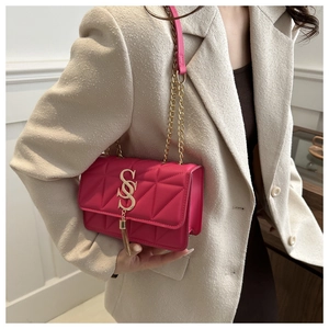 Chic rose pink quilted crossbody bag with gold S-logo, tassel detail and chain strap