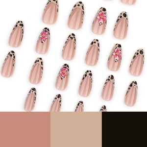 Almond-shaped French leopard print press-on nails with 3D pink flowers and gold beads